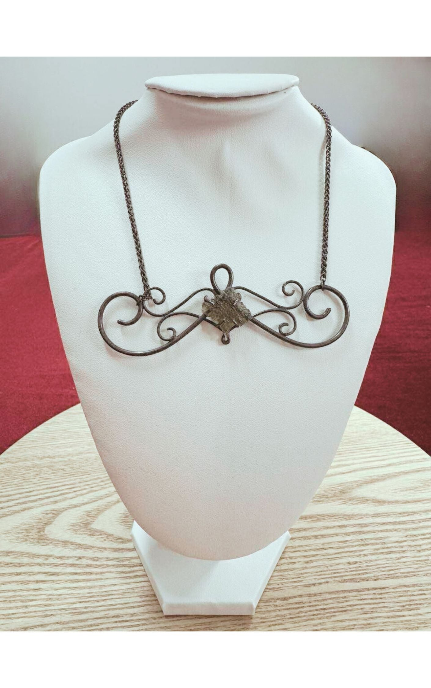 Moldavite in Oxidized Swirly Black Silver Necklace