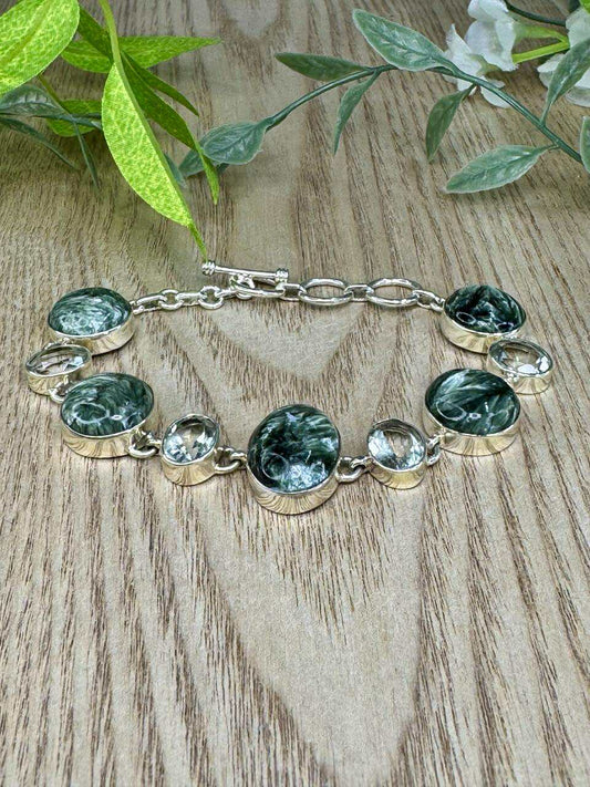 Exquisite Seraphinite and Blue Topaz Bracelet set in 925 Sterling Silver (SerBr1)