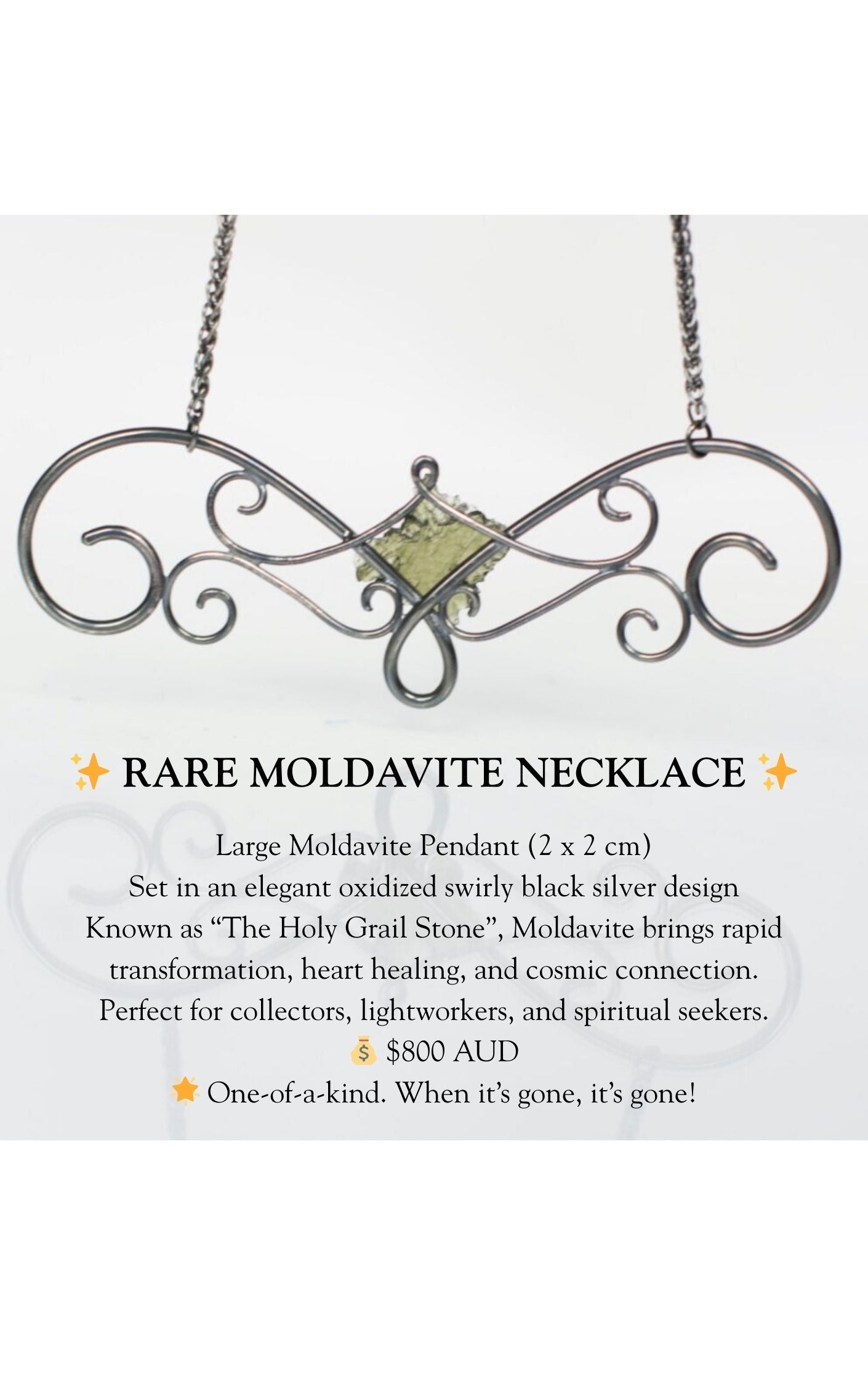 Moldavite in Oxidized Swirly Black Silver Necklace