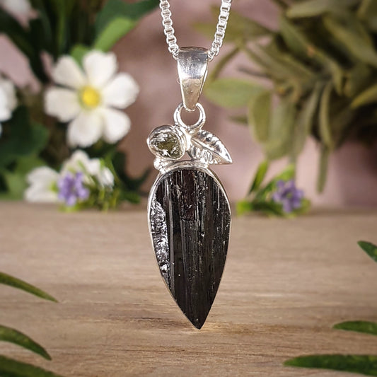 Moldavite, Black Tourmaline Pendant (mx718)