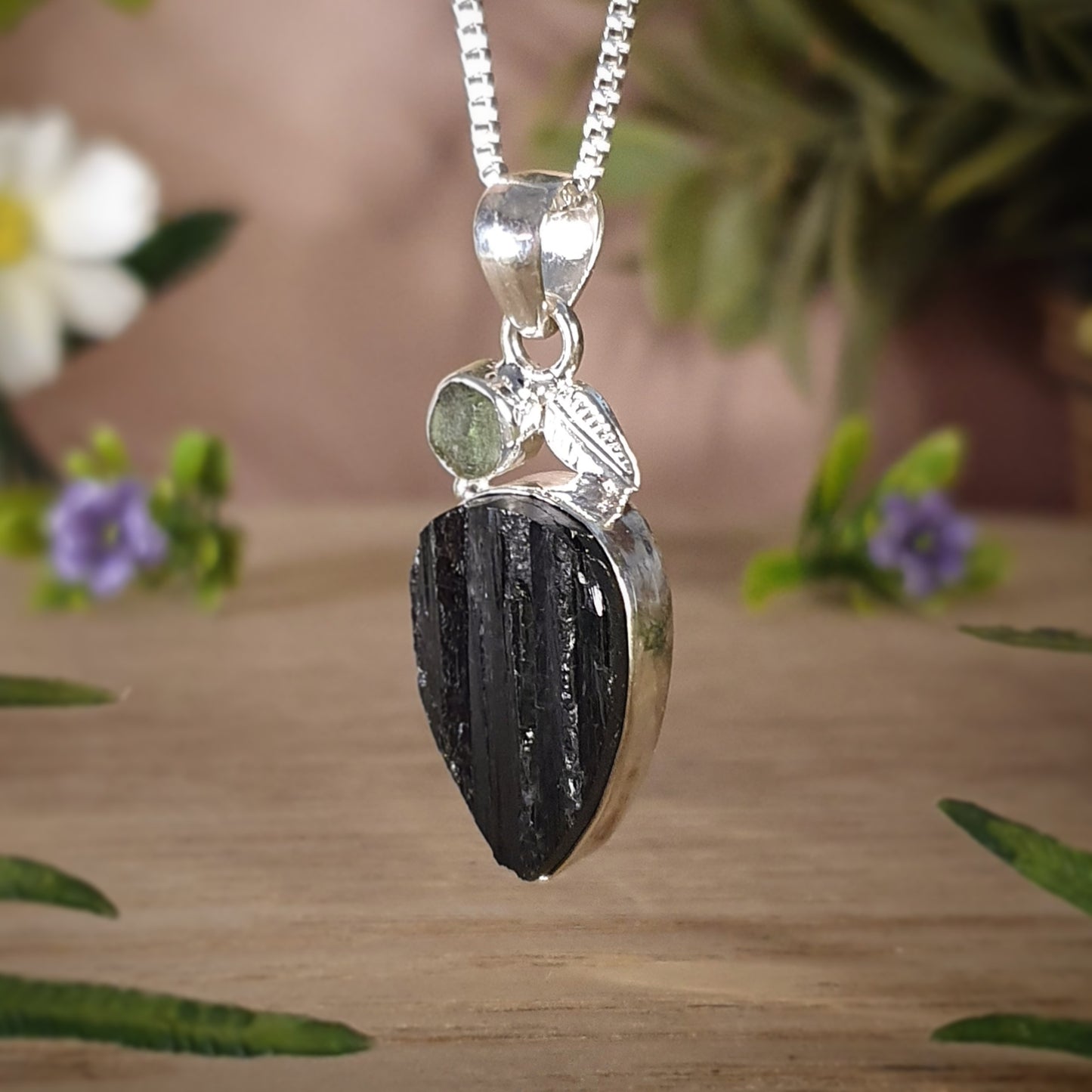 Moldavite, Black Tourmaline Pendant (mx800)